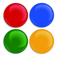 Set of colorful glossy  web badge or button. 3d render. Round plastic pin, emblem, volunteer label. Vector illustration