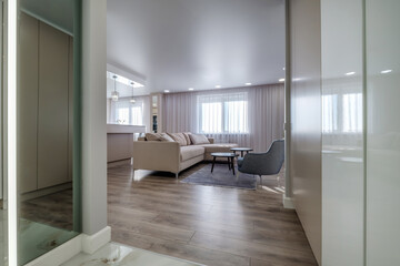 Interior of expensive living room in studio apartments or flat with sofa