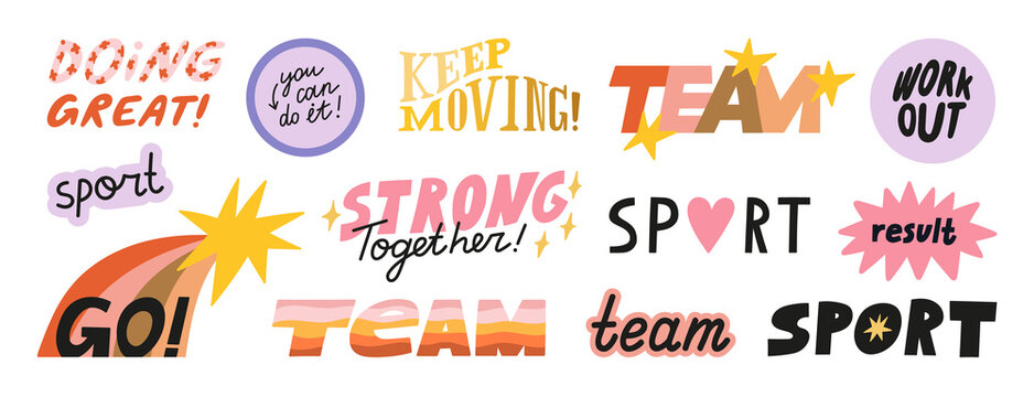 Big set with motivational sport stickers. Hand drawn phrases and quotes about sport, team, motivation, support and goals. Perfect for social media, web, typographic design etc. Vector illustration.