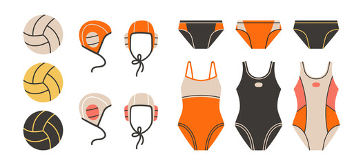 Equipment for water polo in different colors. Isolated flat vector illustration with. Set with swimsuits, swimming trunks, caps and balls for swimmers. Swimming pool and water sports concept.