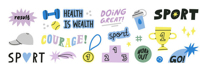 Big set with motivational sport stickers. Cute details for your design, phrases and quotes about training, motivation, self support and development. Perfect for social media, web, typographic design.