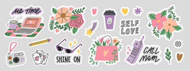 Self love stickers set with floral motifs. Include illustrations of simple everyday things like laptop, photo camera, coffee, phone calls etc. This cute vector pack is full of everyday magic.