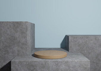 Light, pastel, baby blue 3D rendering of a minimal,  wooden simple product display podium or stand on rough concrete geometric background