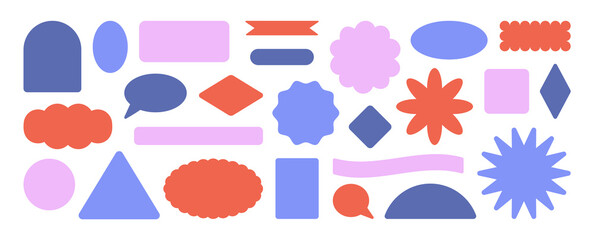 Big set with colorful geometric abstract shapes and borders. Calm colors. Templates set for social media, logotype, banners design etc. Vector illustrations isolated on white background