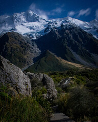 Moonlit exploring of the Hooker Valley Track, Mount Cook Aoraki National Park, New Zealand