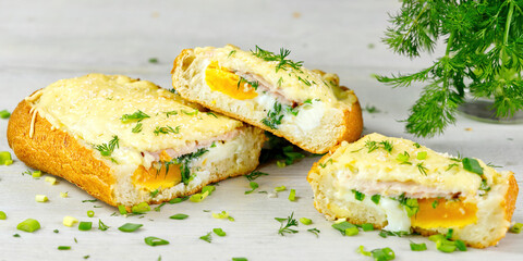 The fresh baked Pie with green onions and eggs. Homemade huge hot sandwich. close up