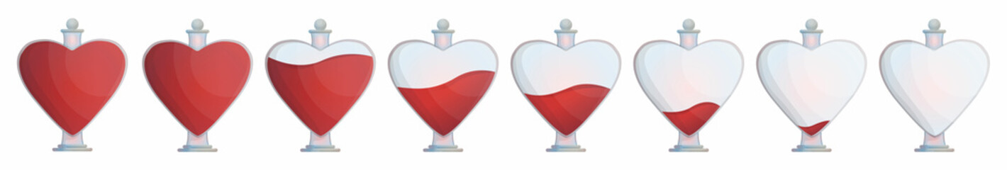 Obraz premium Vector set with vessels, vases in form of hearts with different fullness of liquid. Scale progress indicator.