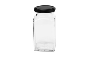 Empty glass jar with black lid isolated on a white background