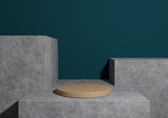 Dark teal, aqua blue 3D rendering of a minimal,  wooden simple product display podium or stand on rough concrete geometric background