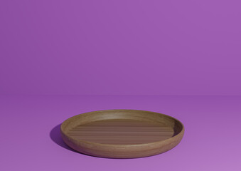 Bright purple, violet 3D rendering simple product display, minimal background with podium, stand wooden dish for nature products