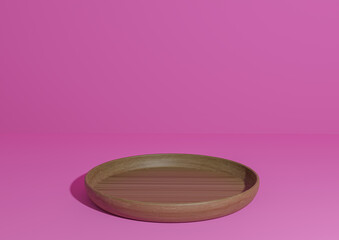 Bright magenta, neon pink 3D rendering simple product display, minimal background with podium, stand wooden dish for nature products