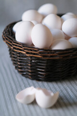 chicken eggs in a wicker basket on the table
