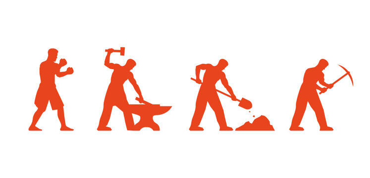 Working man silhouette for international labor day. Man boxing, digging. Miner, blacksmith illustration. Hard-working