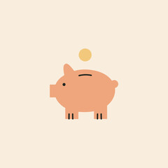 Cute vector illustration on serious theme of self budget and economy. Cost accounting, savings, analysis, finances. Piggy bank with a coin. Money for traveling, housing, mortgage, future needs.