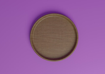 Bright purple, violet 3D rendering minimal, simple product display stand or podium wooden dish top view, flat lay from above for nature products