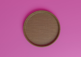 Bright magenta, neon pink 3D rendering minimal, simple product display stand or podium wooden dish top view, flat lay from above for nature products