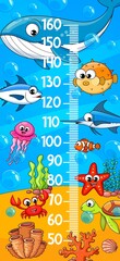 Kids height chart cartoon funny underwater animals and fish. Vector ruler sticker of children growth measure meter on blue sea background. Kids stadiometer height chart with crab, whale and sea turtle