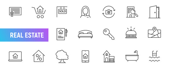 Real estate house line icon set. Property building commercial mortgage. Vector house sale rent loan realtor sign