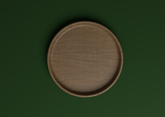 Dark, warm green 3D rendering minimal, simple product display stand or podium wooden dish top view, flat lay from above for nature products