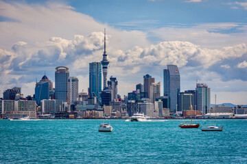 Overlooking the Auckland Skyline on a late summer day across the harbour from Devonport - obrazy, fototapety, plakaty