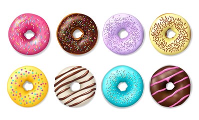Realistic donut cake icon. Doughnut desserts with chocolate cream icing and sprinkles. Bakery sweet pastry food, cafe confectionery and colorful glazed donuts, 3d vector doughnuts with frosting - obrazy, fototapety, plakaty