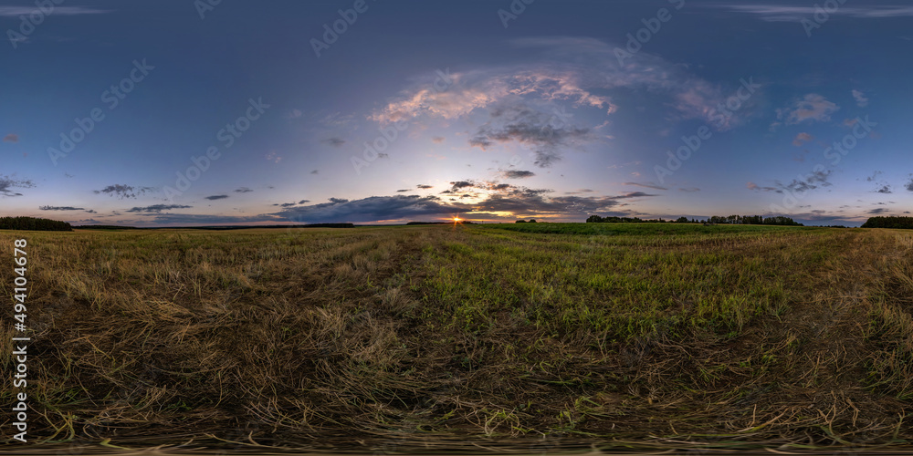 Wall mural evening sunset hdr panorama 360 view among farming fields with clouds in equirectangular spherical p