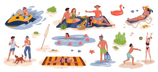 Peoples on summer beach vacation. Flat style vector characters of tourists on shore, man and woman sunbathing, playing volleyball and having picnic on beach, swimming, diving and ridding jet ski