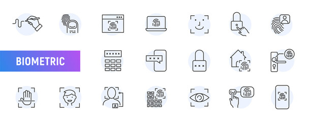Biometric login line icon, Fingerprint password mail voice identity. Biometric detect eye face scan signature