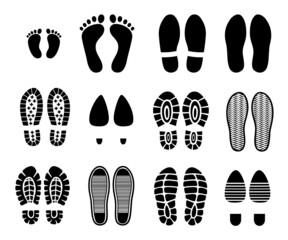 Shoe footprint, boot sole marks or tracks. Human baby or child barefoot imprint or footsteps collection, woman shoes with heels, sneakers and trekking boots vector black treads or trails