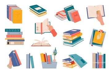 Book stacks. Flat style textbooks, novel books or diaries on shelf and tray. Bookstore, library or collage old books vector stacks or piles, human hands holding, opening and flipping notebook pages