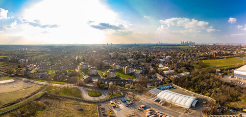 Aerial drone panoramic image of Kidbrooke Village, London