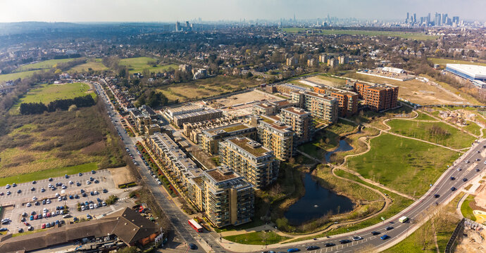 Aerial drone panoramic image of Kidbrooke Village, London