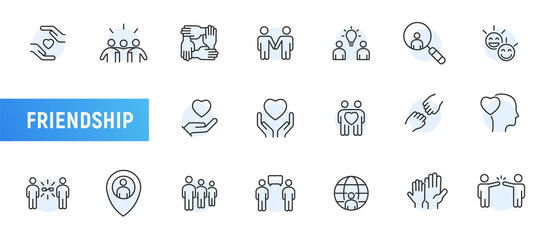 Friendship hand support line icon. Heart community relationship vector partnership social people together concept - obrazy, fototapety, plakaty