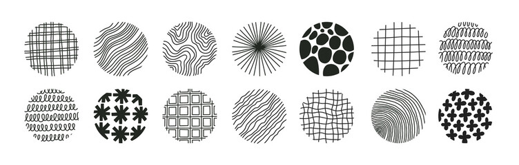 Big set of abstract round icons with geometric patterns. Can be used as social media covers, icons, stickers, background. Hand drawn vector illustration. Black and white colors.