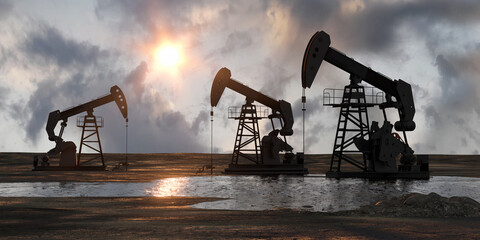 big oil pump on sunset render 3d