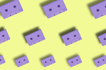 cloning purple cassettes on pastel yellow backgrounds, creative art wallpaper beautiful looks