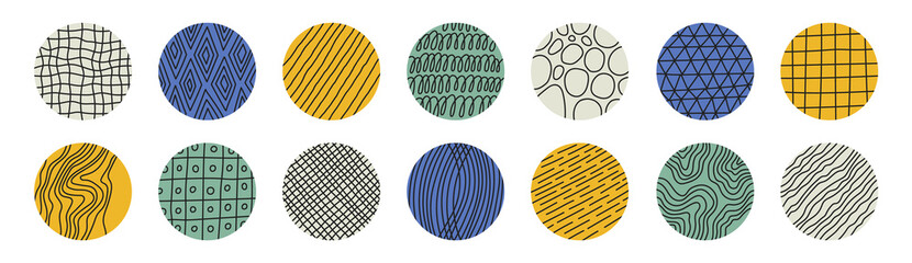 Set with colorful abstract round patterns. Plaid pattern, triangles, diamonds, dash dotted line, circles, wavy pattern. Can be used as social media icons, backgrounds. Hand drawn vector illustration.