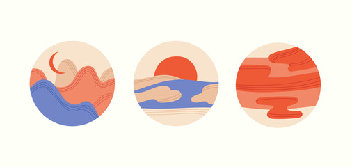 Set with minimalistic landscapes. Round compositions with simple shapes and abstract lines. Traveling and nature. Social media covers, highlights, icons, stickers. Vector illustration in trendy colors