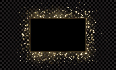 Elegant gold frame glitter. Gold confetti. Isolated dusty gold particles. Golden abstract particles and frame. Vector illustration