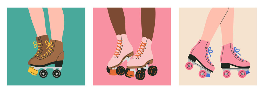 Poster with legs of a girl in roller skates. Sport and disco. Retro fashion style from 80s. Cute vector illustration in trendy colors. Hand drawn style. 