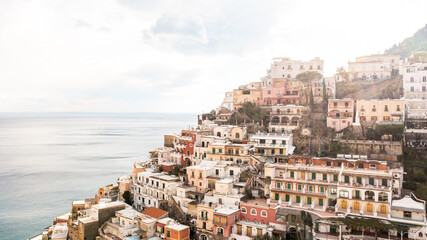 Fototapeta na wymiar The city of positano in the sun on the amalfi coast in italy shot with the DJI Mavic Pro drone 