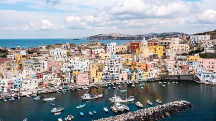Fototapeta na wymiar The colourful island of Procida with it's colourful houses close to the amalfi coast in Italy shot with the DJI Mavic Pro Drone