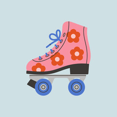 Poster with roller skates. Shoes with cute flower print. Sport and disco. Retro fashion style from 80s. Vector illustration in trendy colors. Hand drawn style. 
