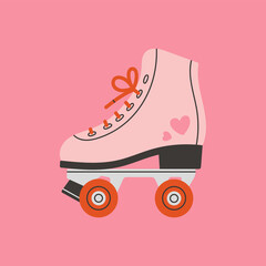 Poster with roller skates. Shoes with cute print of hearts. Sport and disco. Retro fashion style from 80s. Vector illustration in trendy colors. Hand drawn style. 