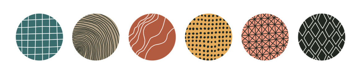 Big set of abstract round icons with geometric patterns. Can be used as social media covers, icons, stickers,  background. Hand drawn vector illustration. Colorful design.