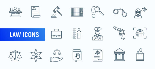Law legal justice court line icon set. Hammer courtroom vector judge prison crime handcuff law stroke icon