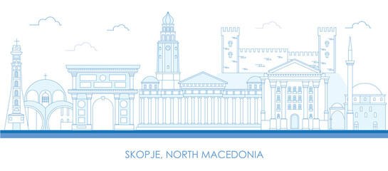 Outline Skyline panorama of city of Skopje, North Macedonia - vector illustration - obrazy, fototapety, plakaty