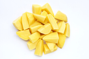 Raw peeled potatoes on white background