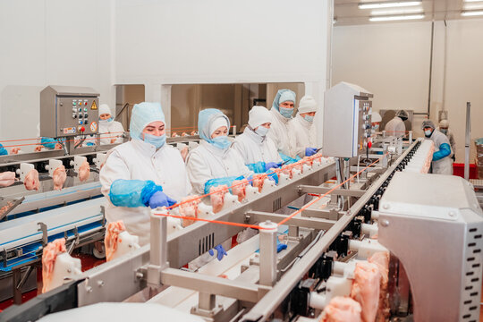 Meat processing plant.Industrial equipment at a meat factory.Modern poultry processing plant.People working at a chicken factory - stock photo.Automated production line in modern food factory.
