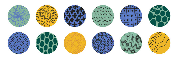 Big set of abstract round icons with geometric patterns. Can be used as social media covers, icons, stickers,  background. Hand drawn vector illustration. Colorful design.